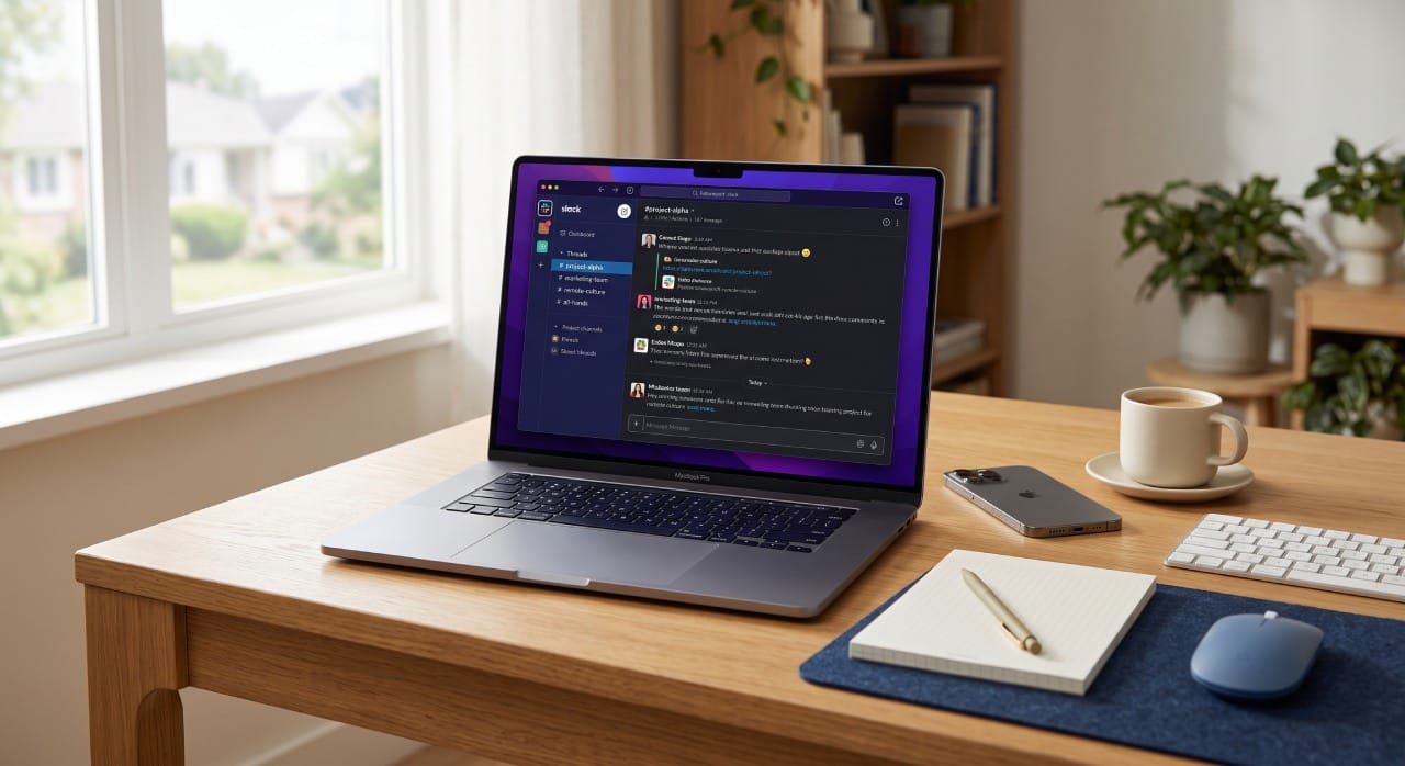 A modern home office desk featuring a laptop displaying a digital team communication app with project channels, representing streamlined remote work and digital collaboration