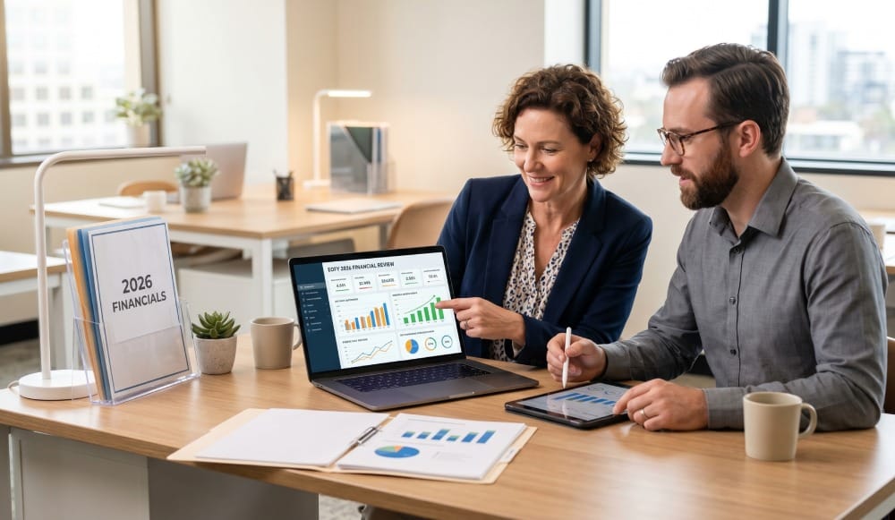 Small business owner and bookkeeper analyzing financial charts for a stress-free 2026 EOFY tax season preparation with Rescue Bookkeeping Services.