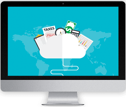 Illustration on a desktop monitor showing financial icons emerging from a cloud over a global map, visualizing modern Cloud Accounting efficiency.