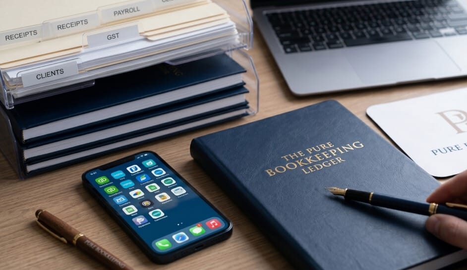 A desk setup for small business bookkeeping featuring organized file folders, a smartphone with accounting apps, and a hand holding a pen over The Pure Bookkeeping Ledger.