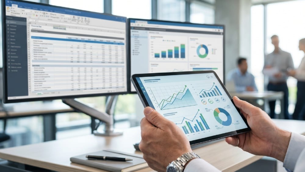 A financial professional using modern tablet technology to provide rescue bookkeeping services and clear financial visibility.