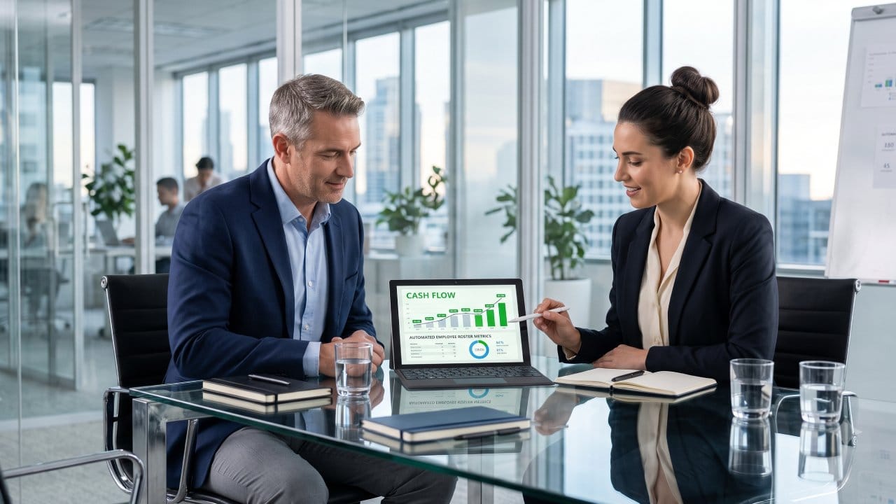 A financial consultant and a business owner reviewing cash flow charts on a tablet, demonstrating effective bookkeeping and payroll solutions.