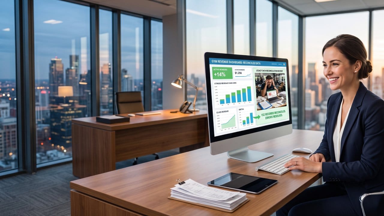 Cloud Accounting Integration: A Step-by-Step Migration Guide 1 A financial advisor smiling at a clear revenue dashboard after a successful cloud accounting integration.