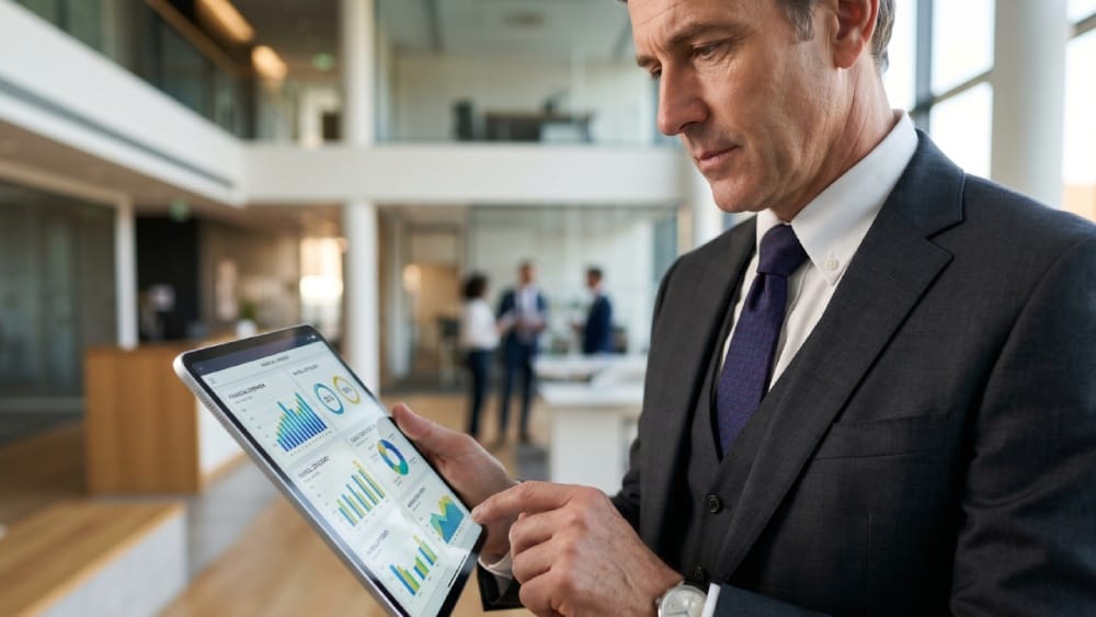A financial executive reviewing payroll data following the FWC 2026 wage increase announcement.