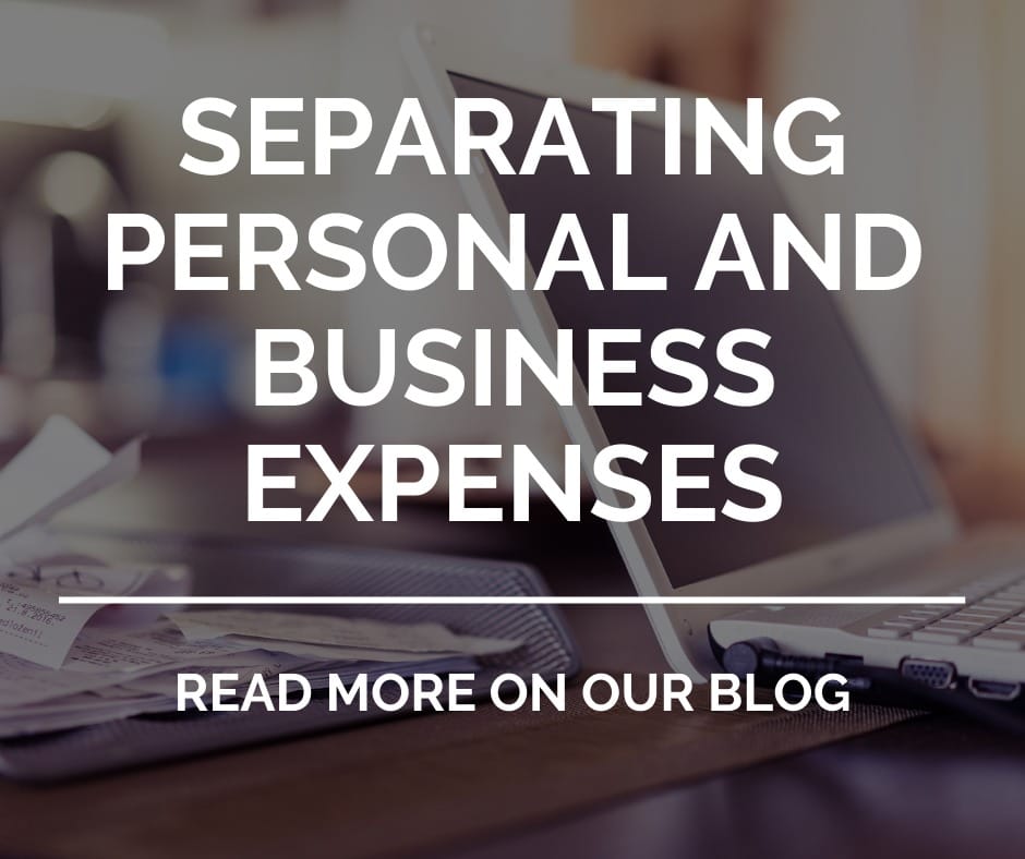 Graphic for a blog post titled Separating Personal and Business Expenses with a laptop and paper receipts in the background.
