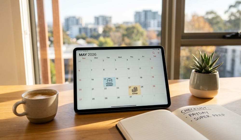 A digital calendar on a tablet showing May 2026 with markers for Federal Budget and Super, sitting on a desk next to a Payday Super prep checklist notebook and coffee.