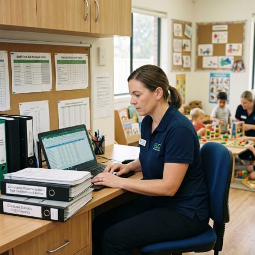 A childcare administrator updating compliance documentation and handling high-volume payroll records on a laptop in an early learning center.