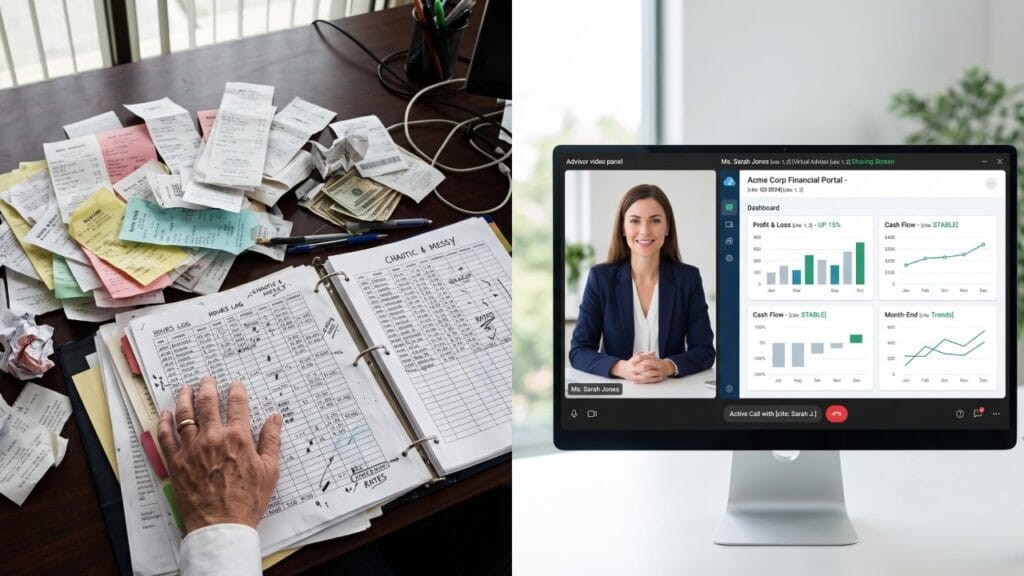 Virtual bookkeeping provider comparison: a chaotic desk with manual ledgers and receipts versus a professional advisor presenting clean financial dashboards via video call.