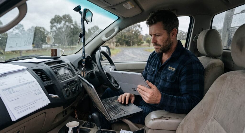 A stressed Central Coast small business owner reviewing overdue BAS lodgement notices and ATO penalty letters at their desk.