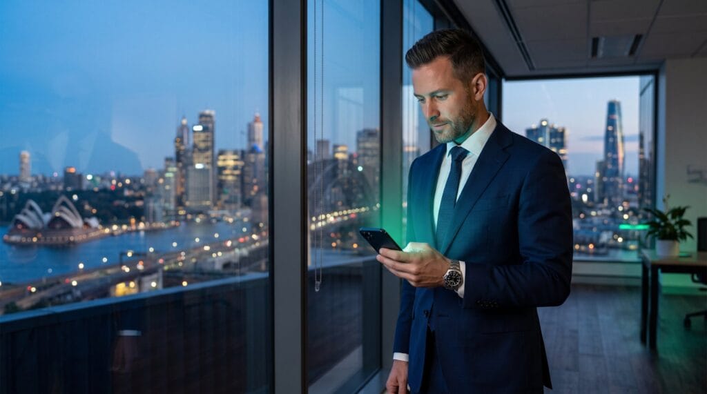 A confident Sydney entrepreneur checking real-time financial data on their smartphone, representing the freedom of reliable offsite bookkeeping services in NSW.