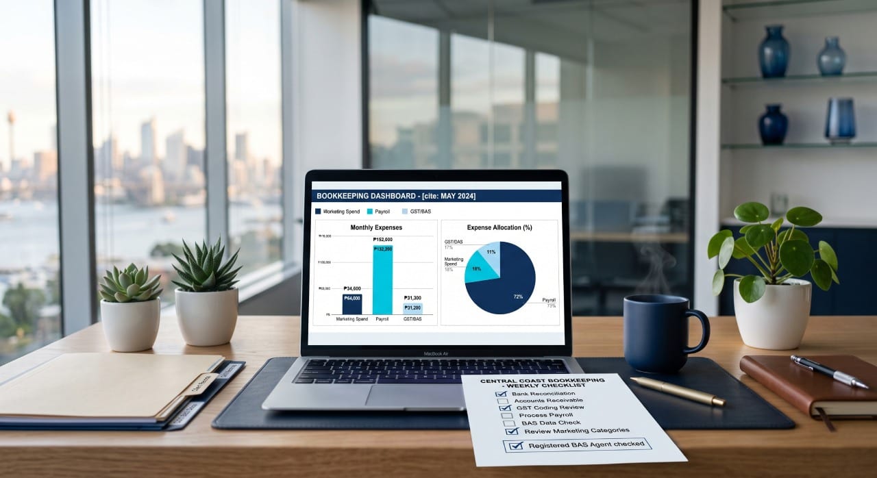 An organized home office desk with a laptop displaying financial charts and a physical bookkeeping checklist next to a coffee mug. The background shows a bright city view.