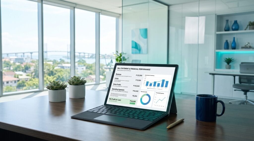A laptop on a modern office desk displaying a profit and loss financial dashboard with charts and graphs, next to a coffee cup and small plants.